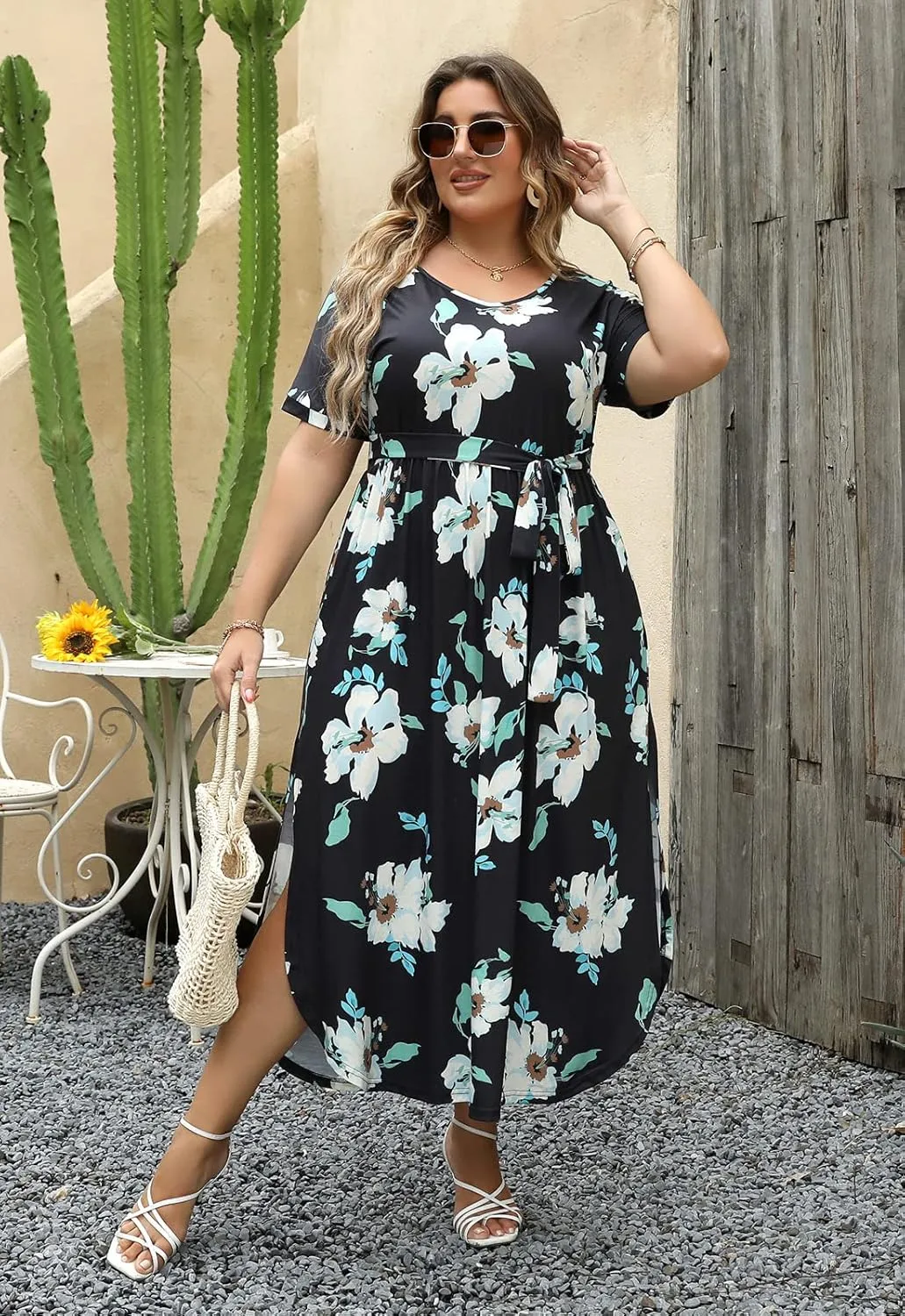 Nemidor Womens Casual Plus Size Tie Waist Slit Long Maxi Dress with Pockets NEM313
