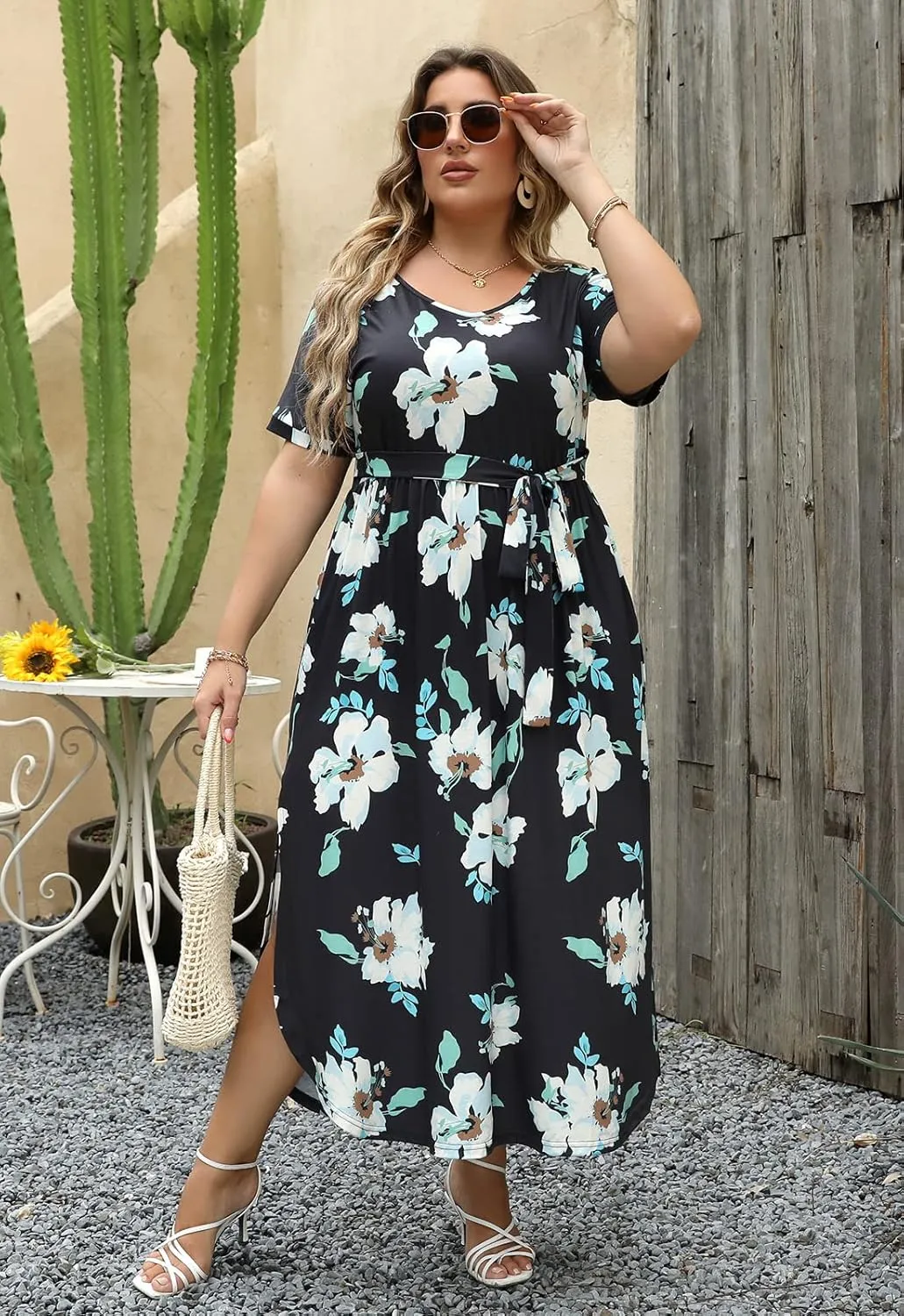 Nemidor Womens Casual Plus Size Tie Waist Slit Long Maxi Dress with Pockets NEM313