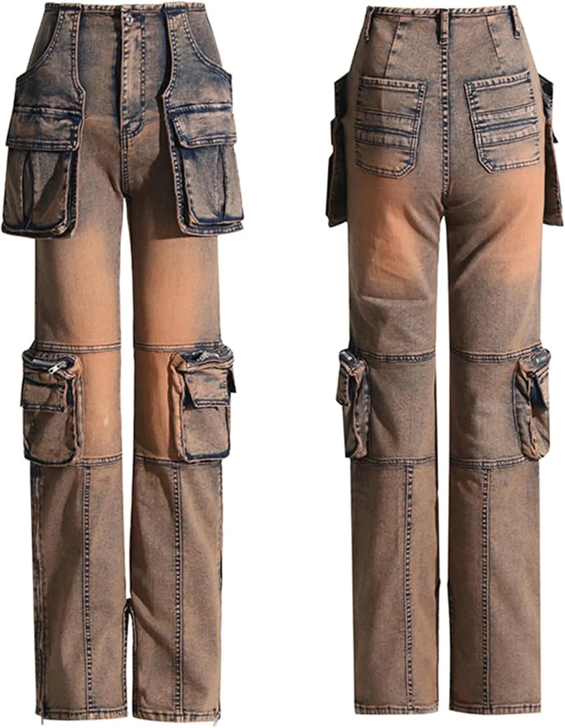 NRTHYE Women Cargo Jeans High Waist Straight Leg Trendy Stretchy Denim Cargo Pants with Pockets