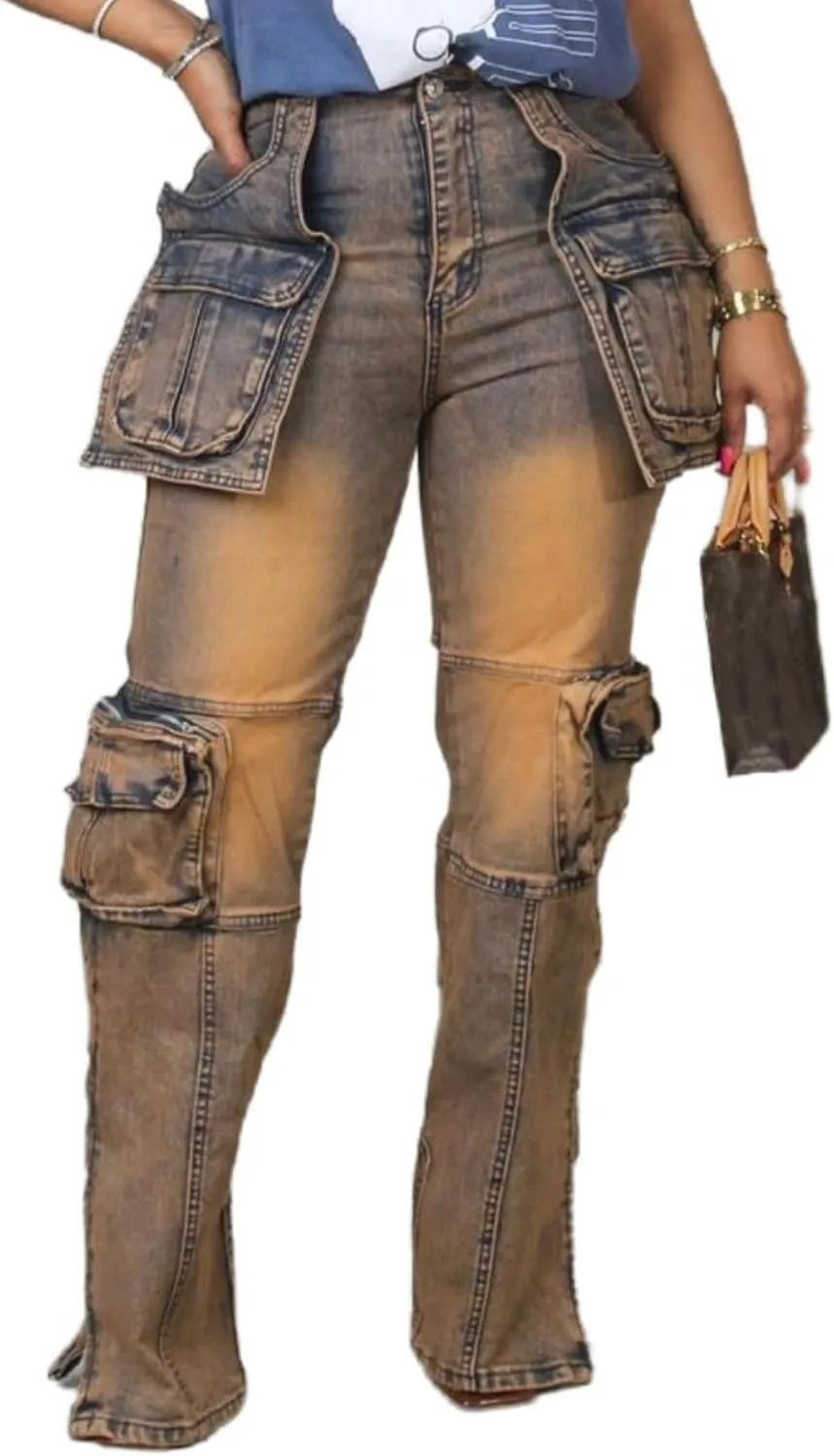 NRTHYE Women Cargo Jeans High Waist Straight Leg Trendy Stretchy Denim Cargo Pants with Pockets