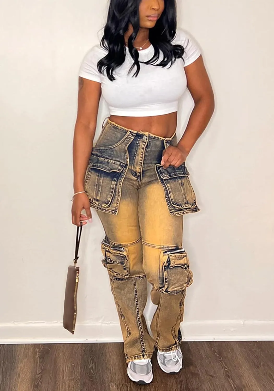 NRTHYE Women Cargo Jeans High Waist Straight Leg Trendy Stretchy Denim Cargo Pants with Pockets