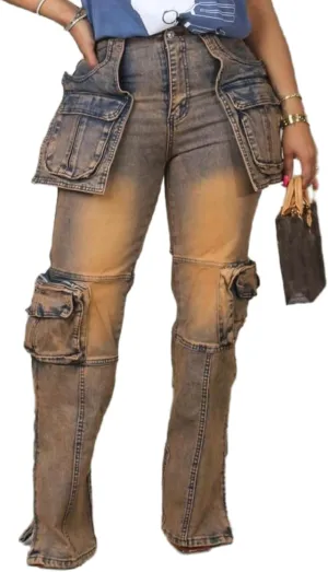 NRTHYE Women Cargo Jeans High Waist Straight Leg Trendy Stretchy Denim Cargo Pants with Pockets