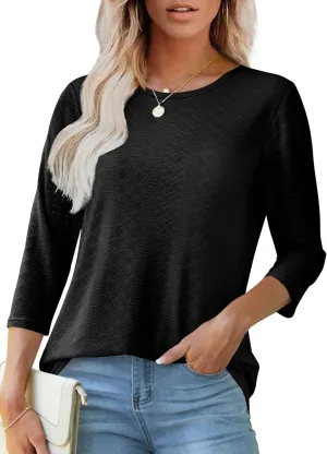 OFEEFAN 3/4 Length Sleeve Womens Tops Dressy Casual Spring Summer Round Neck Loose Fit Casual Eyelet Shirts