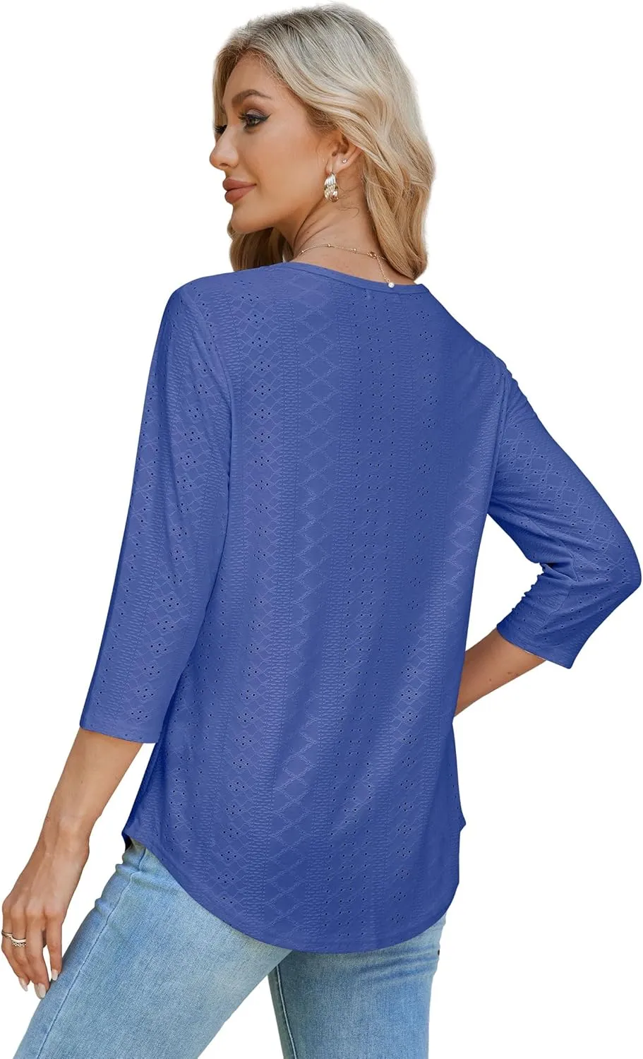 OFEEFAN 3/4 Length Sleeve Womens Tops Dressy Casual Spring Summer Round Neck Loose Fit Casual Eyelet Shirts