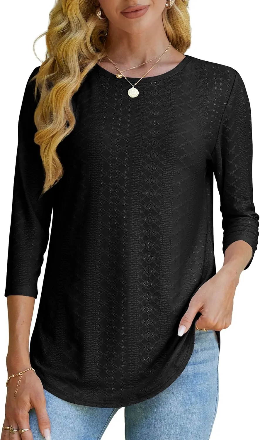 OFEEFAN 3/4 Length Sleeve Womens Tops Dressy Casual Spring Summer Round Neck Loose Fit Casual Eyelet Shirts
