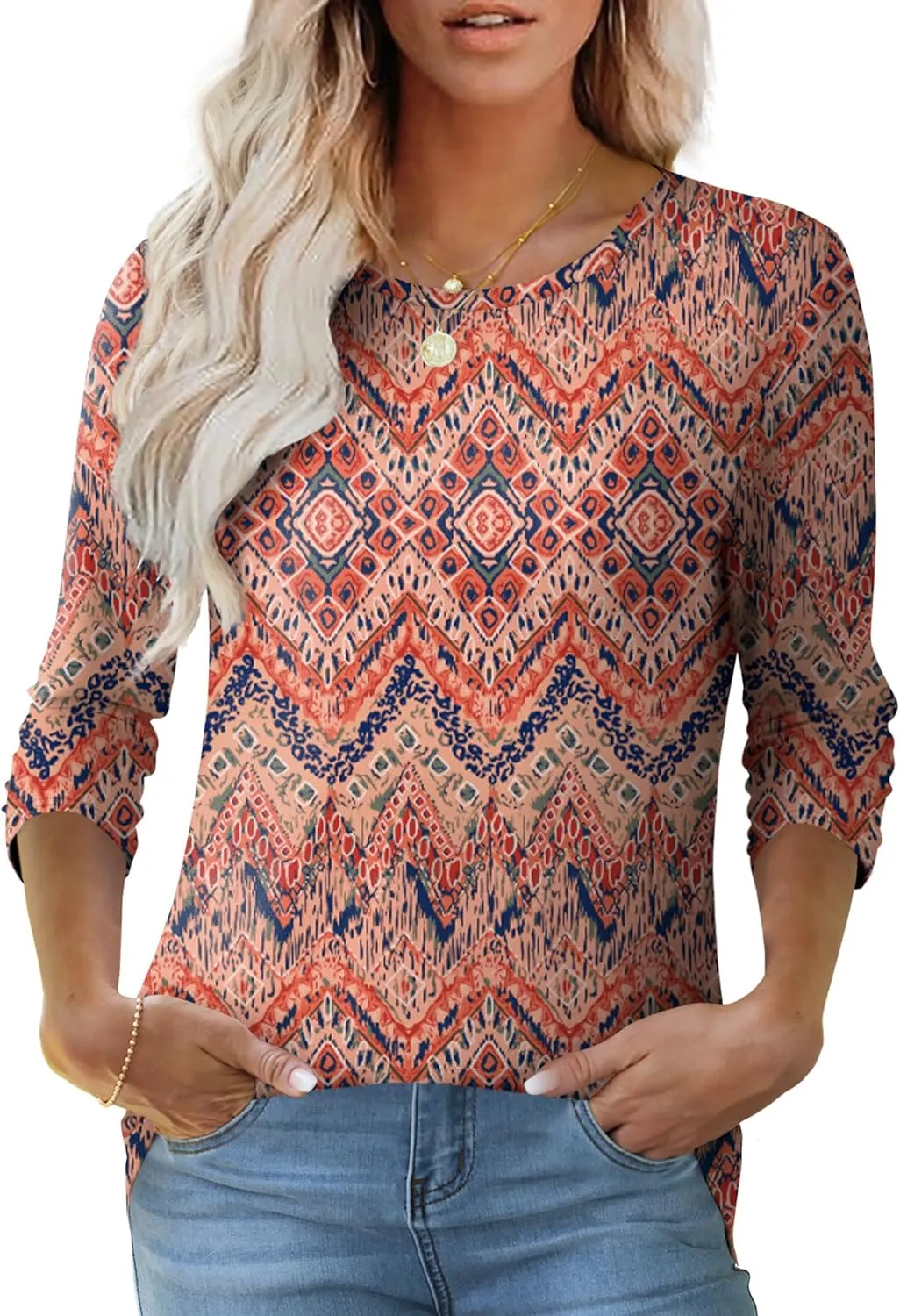 OFEEFAN 3/4 Length Sleeve Womens Tops Dressy Casual Spring Summer Round Neck Loose Fit Casual Eyelet Shirts