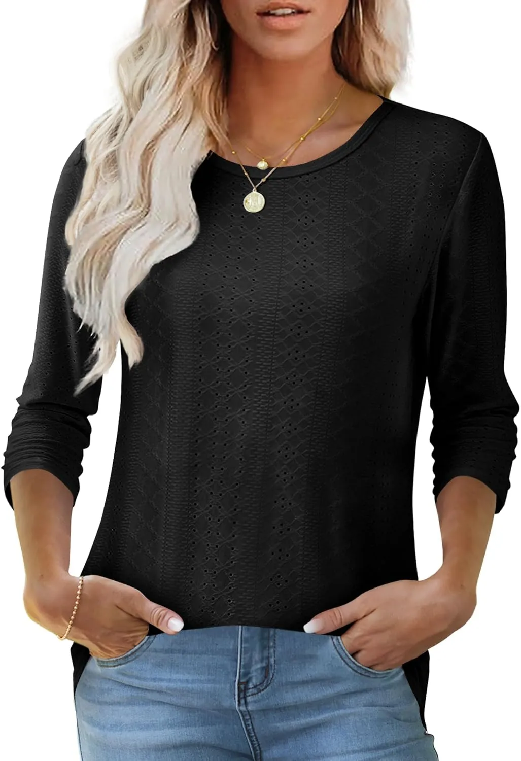 OFEEFAN 3/4 Length Sleeve Womens Tops Dressy Casual Spring Summer Round Neck Loose Fit Casual Eyelet Shirts
