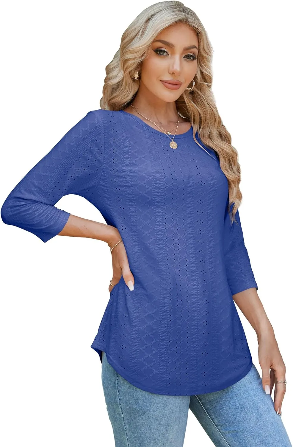 OFEEFAN 3/4 Length Sleeve Womens Tops Dressy Casual Spring Summer Round Neck Loose Fit Casual Eyelet Shirts