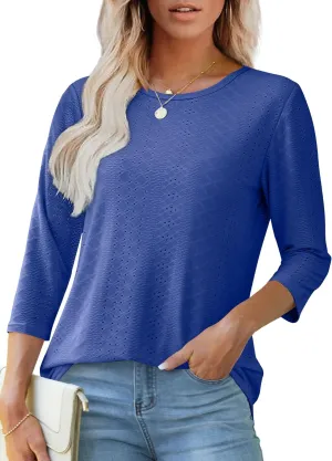 OFEEFAN 3/4 Length Sleeve Womens Tops Dressy Casual Spring Summer Round Neck Loose Fit Casual Eyelet Shirts