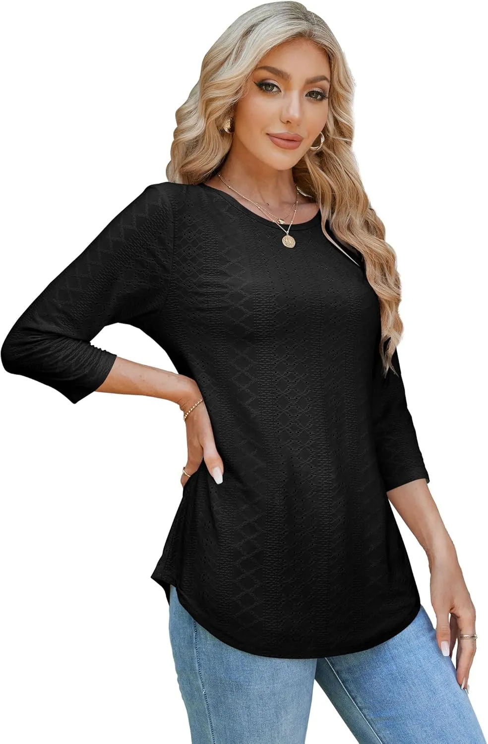 OFEEFAN 3/4 Length Sleeve Womens Tops Dressy Casual Spring Summer Round Neck Loose Fit Casual Eyelet Shirts