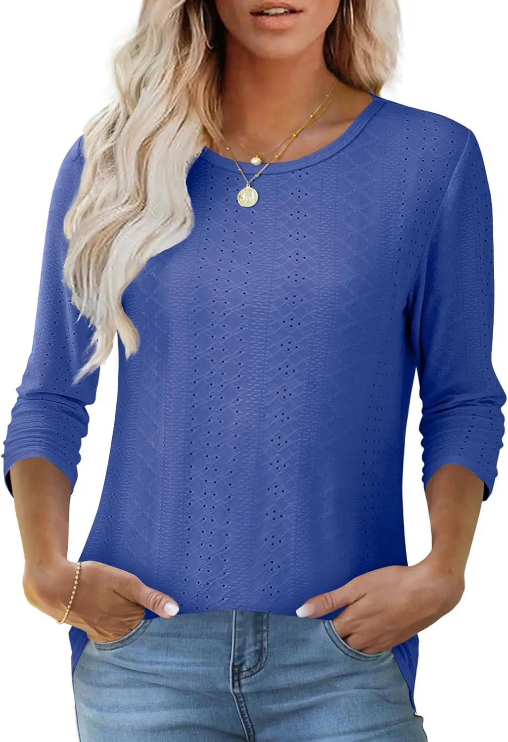 OFEEFAN 3/4 Length Sleeve Womens Tops Dressy Casual Spring Summer Round Neck Loose Fit Casual Eyelet Shirts