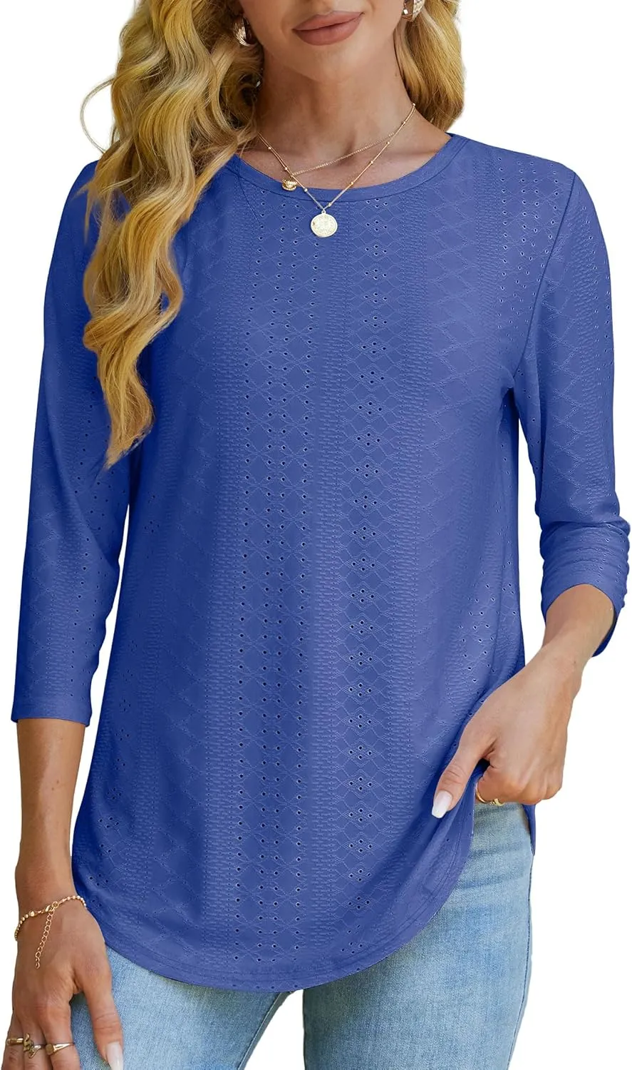 OFEEFAN 3/4 Length Sleeve Womens Tops Dressy Casual Spring Summer Round Neck Loose Fit Casual Eyelet Shirts