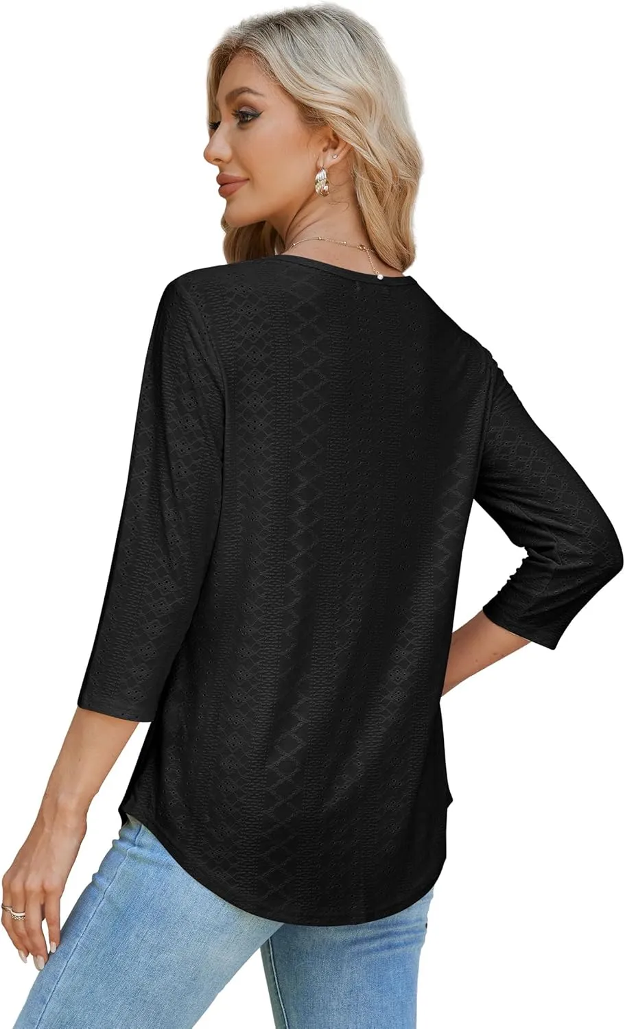 OFEEFAN 3/4 Length Sleeve Womens Tops Dressy Casual Spring Summer Round Neck Loose Fit Casual Eyelet Shirts