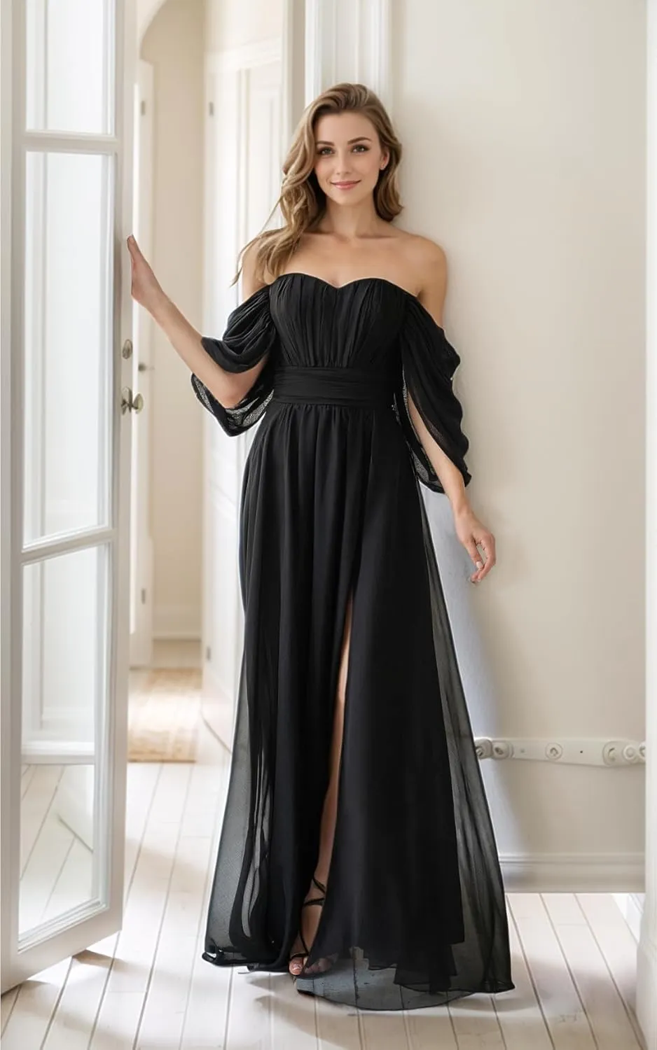 Off The Shoulder Bridesmaid Dresses for Women Chiffon Ruched Long A Line Formal Evening Party Gowns with Slit