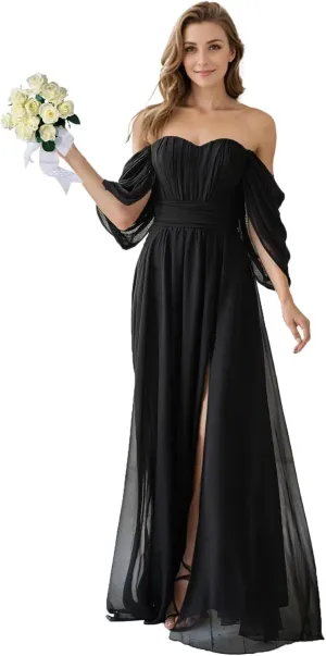 Off The Shoulder Bridesmaid Dresses for Women Chiffon Ruched Long A Line Formal Evening Party Gowns with Slit
