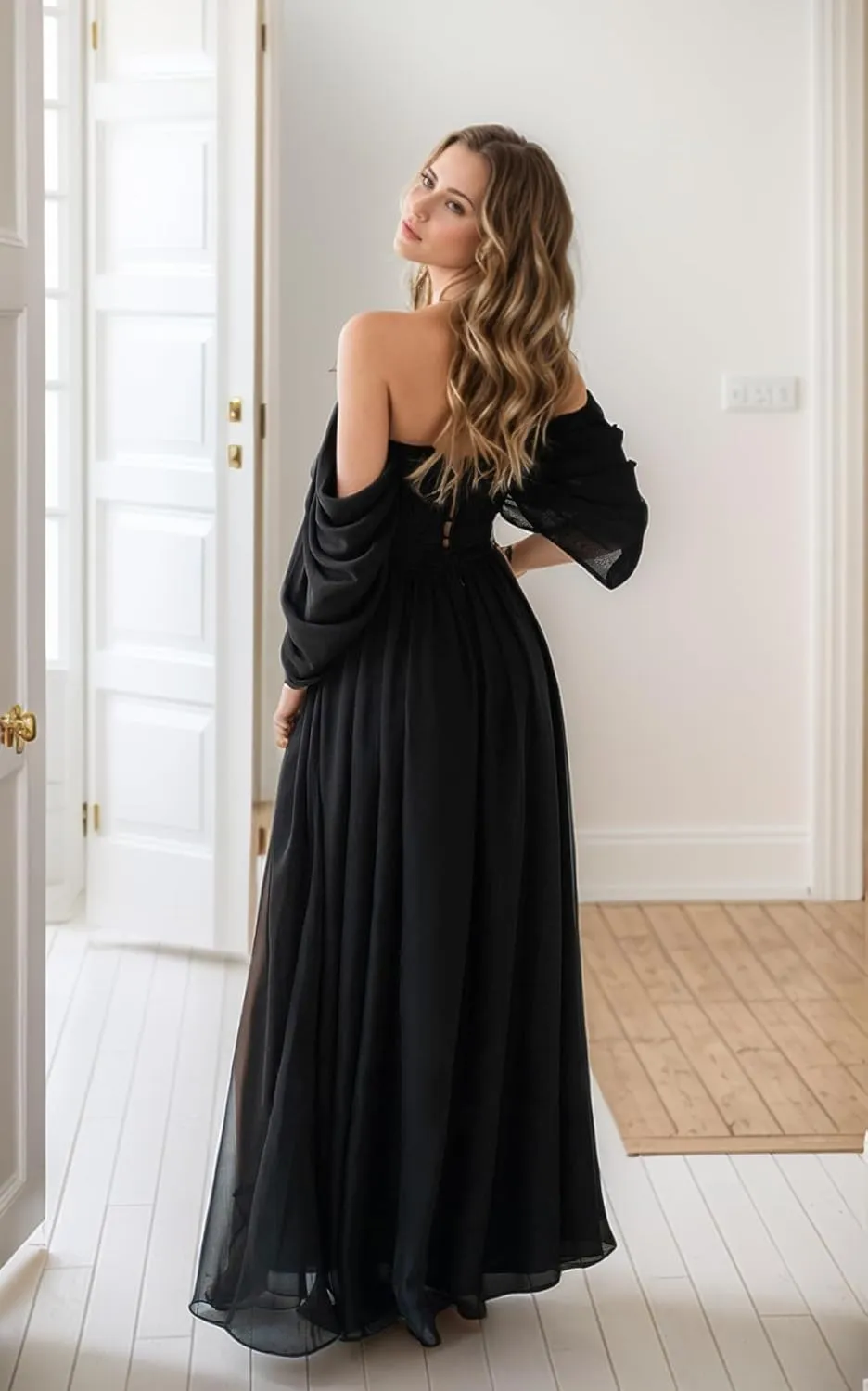 Off The Shoulder Bridesmaid Dresses for Women Chiffon Ruched Long A Line Formal Evening Party Gowns with Slit