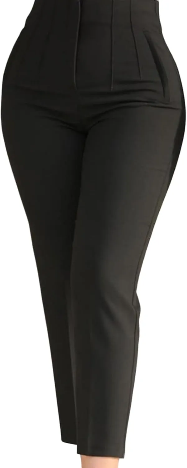 Office Pants High Waist Pleated Pockets Ninth-Length Women Trousers Solid Color Straight Leg Suit Pants Women Trousers Work Pants