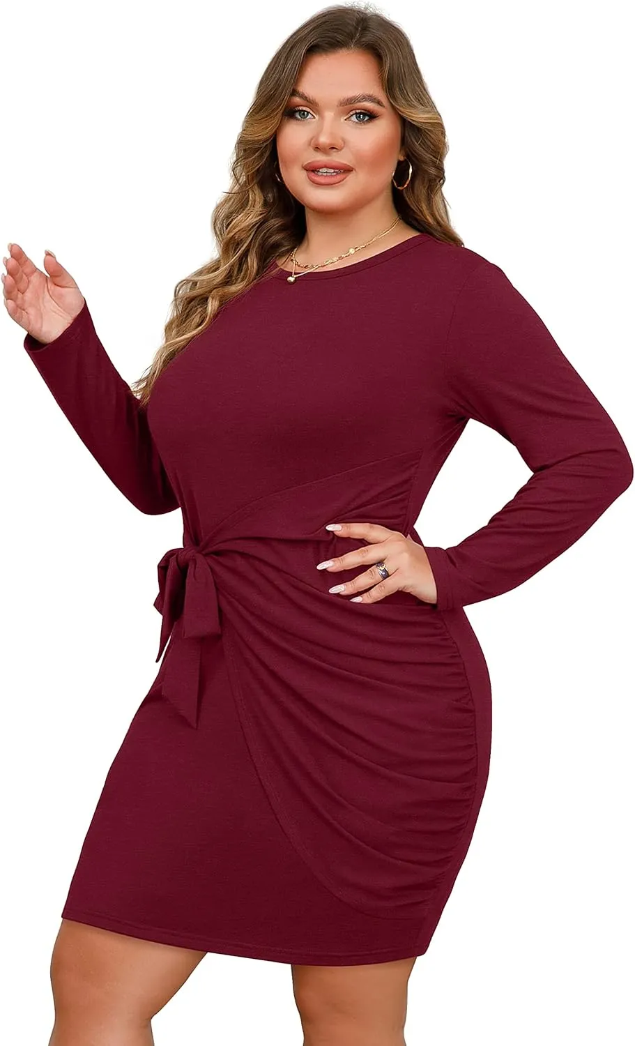 OLRIK Plus Size Sexy Wrap Dress for Women Wedding Guest Long Sleeve Midi Tie Knot Front Ruched Cocktail Dresses