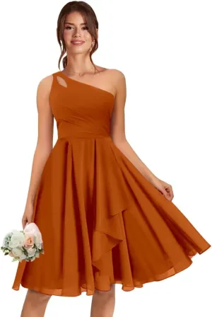 One Shoulder Short Bridesmaid Dresses A Line Keyhole Ruffled Chiffon Formal Evening Dress