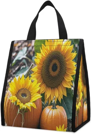 Outdoor Cooler Bags, Pumpkins And Flowers Printed Cooler Bag, Insulated Tote Bag, Grocery Tote Bag