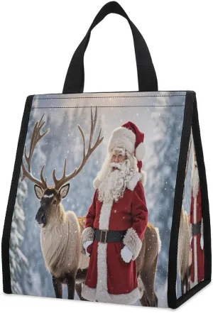 Outdoor Cooler Bags, Santa Claus And Deer Elk Printed Cooler Bag, Insulated Tote Bag, Grocery Tote Bag