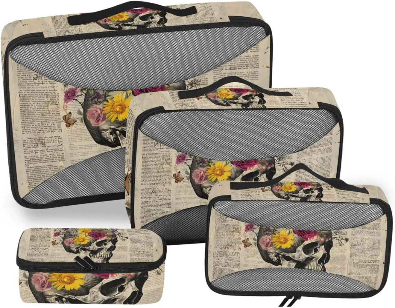 Packing Cubes for Travel 4 Set Skeleton Funny Skull Flower Luggage Set Suitcase Organizer Bags Mesh Accessories Storage Pouch Toiletry Packing Cubes