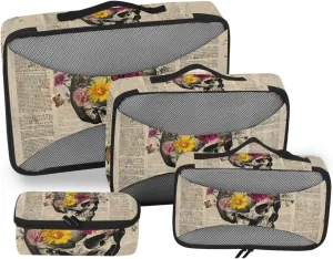 Packing Cubes for Travel 4 Set Skeleton Funny Skull Flower Luggage Set Suitcase Organizer Bags Mesh Accessories Storage Pouch Toiletry Packing Cubes