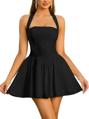 Parthea Women's Summer Halter Mini Dress Backless A Line Flowy Club Party Short Dresses