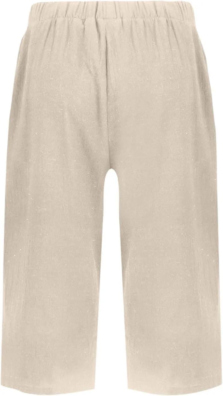 Pedal Pushers for Women Elastic Wasit Linen Shorts Summer Boho Lightweight Baggy Cropped Capris Pants with Pockets