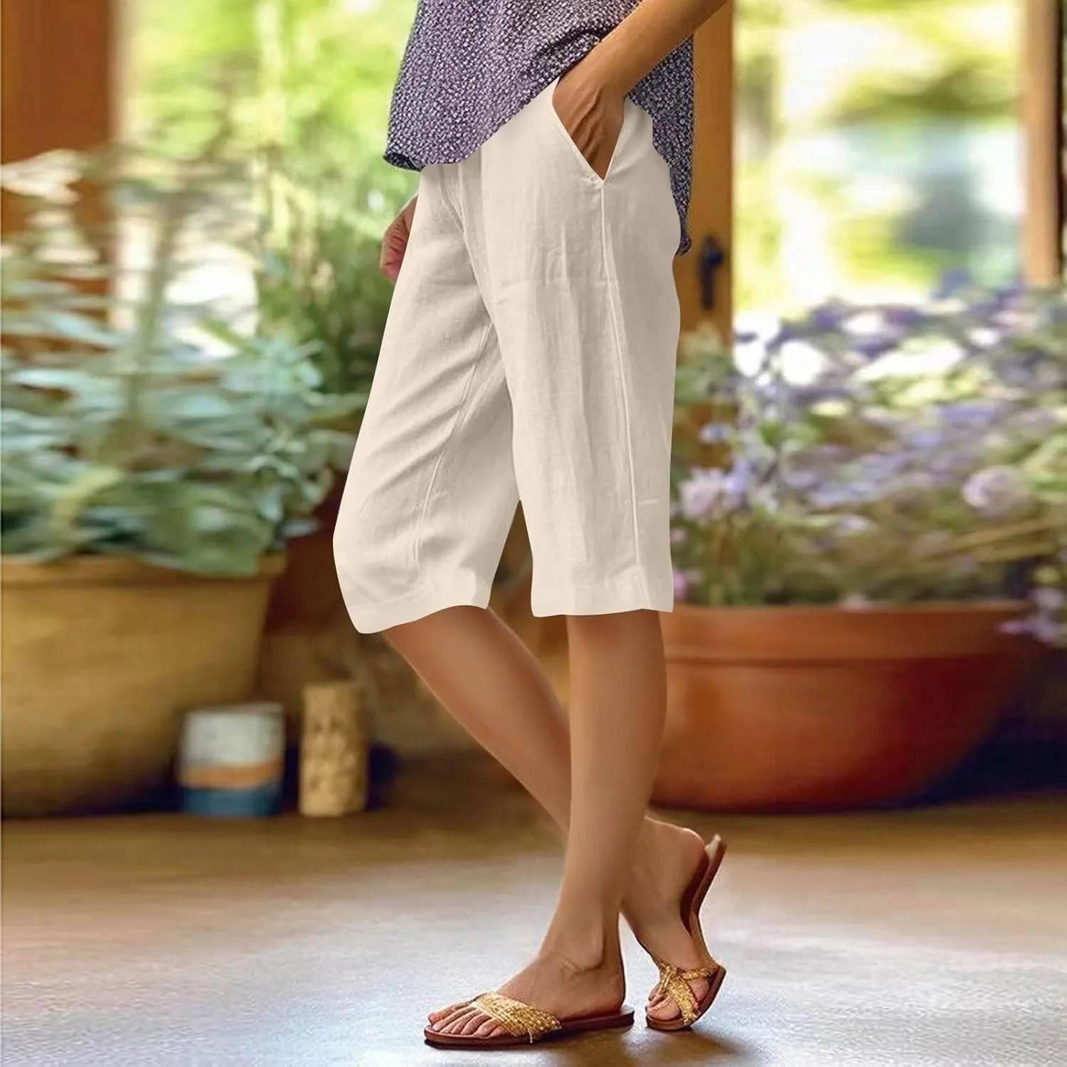 Pedal Pushers for Women Elastic Wasit Linen Shorts Summer Boho Lightweight Baggy Cropped Capris Pants with Pockets