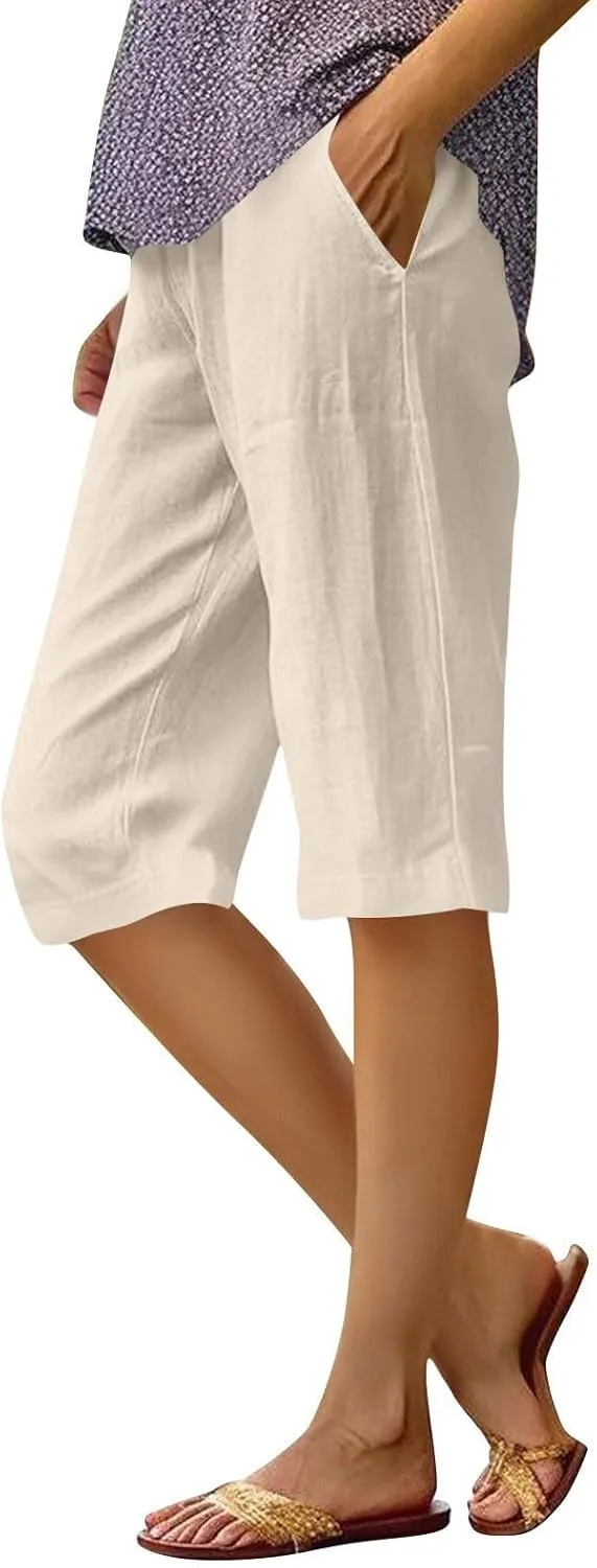 Pedal Pushers for Women Elastic Wasit Linen Shorts Summer Boho Lightweight Baggy Cropped Capris Pants with Pockets