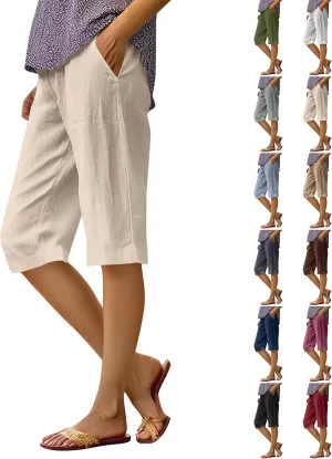 Pedal Pushers for Women Elastic Wasit Linen Shorts Summer Boho Lightweight Baggy Cropped Capris Pants with Pockets