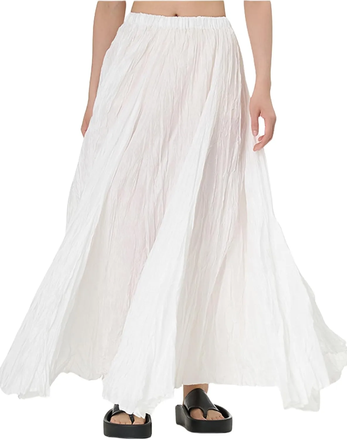 Perbai Womens Casual High Waisted Pleated Ruched A Line Flowy Long Maxi Skirt for Summer Beach Holiday