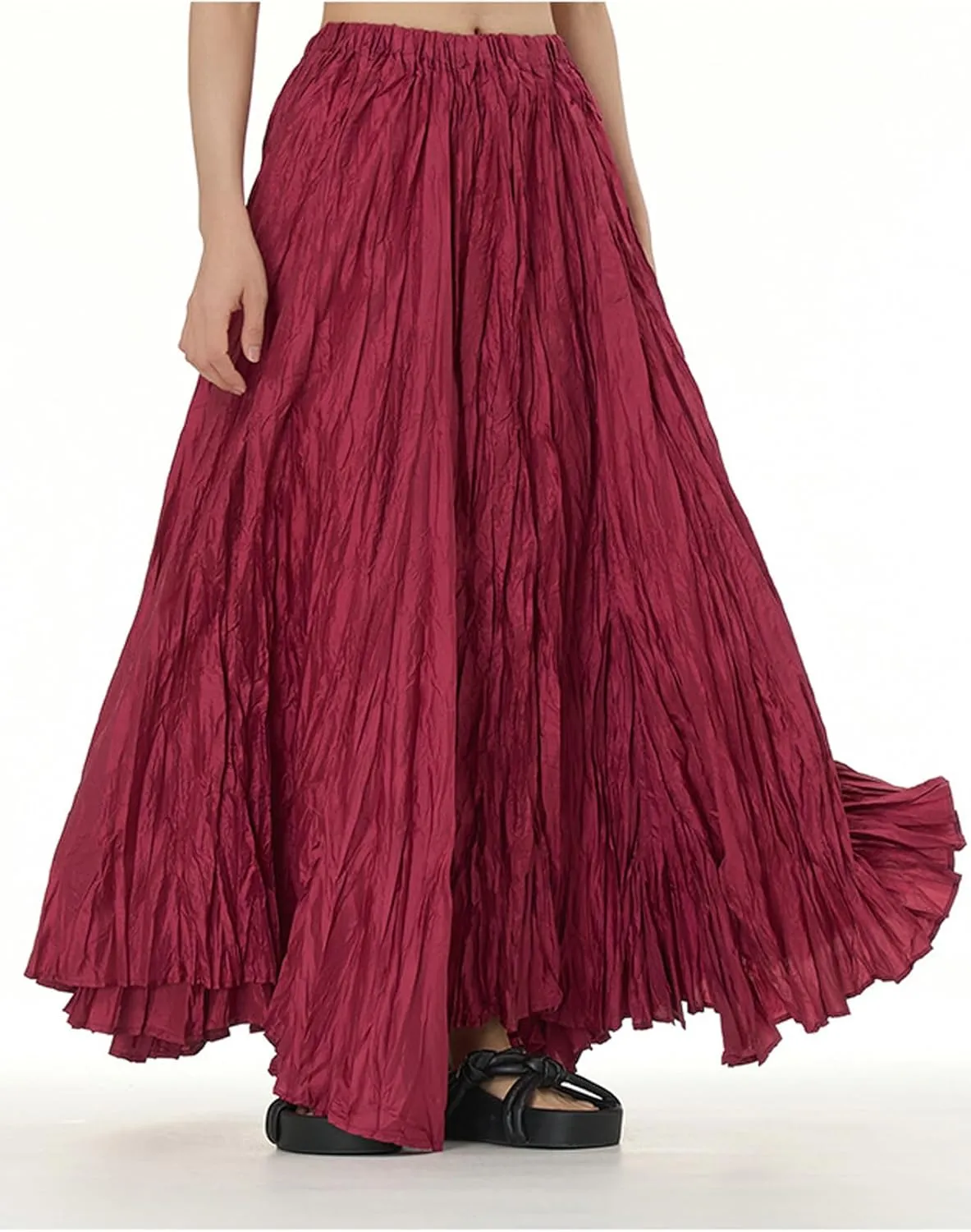 Perbai Womens Casual High Waisted Pleated Ruched A Line Flowy Long Maxi Skirt for Summer Beach Holiday