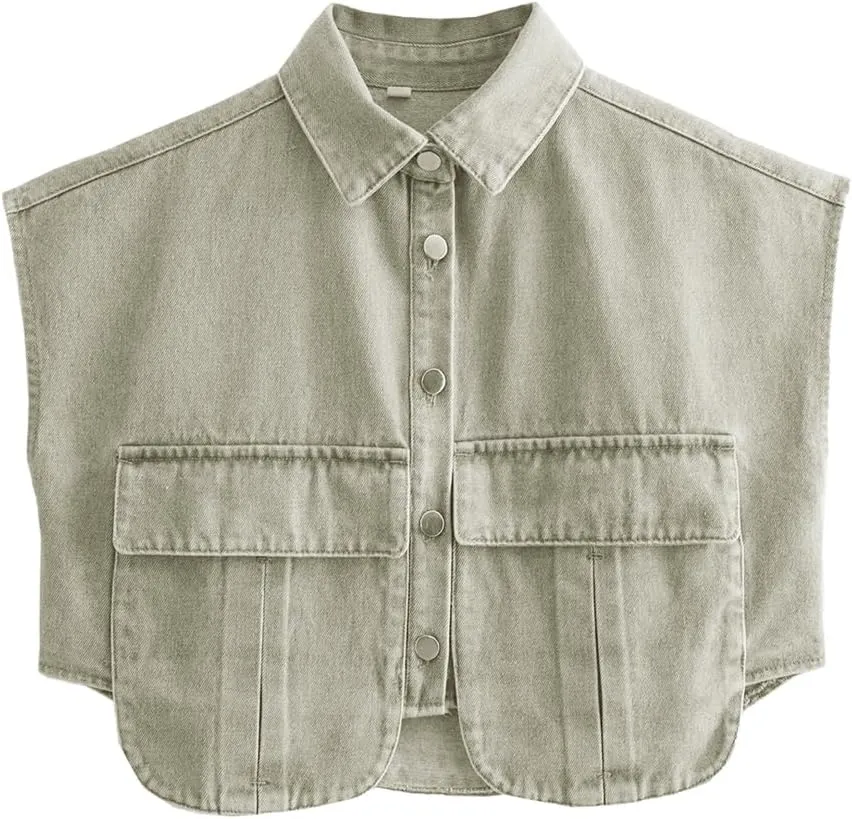 Perbai Womens Cropped Button Down Shirt Summer Collared Sleeveless Loose Denim Top with Pockets