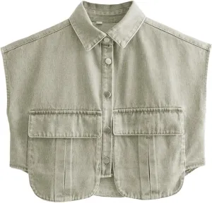 Perbai Womens Cropped Button Down Shirt Summer Collared Sleeveless Loose Denim Top with Pockets