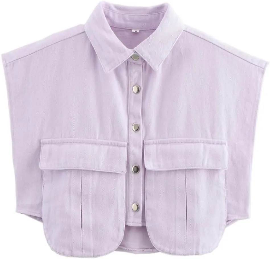 Perbai Womens Cropped Button Down Shirt Summer Collared Sleeveless Loose Denim Top with Pockets