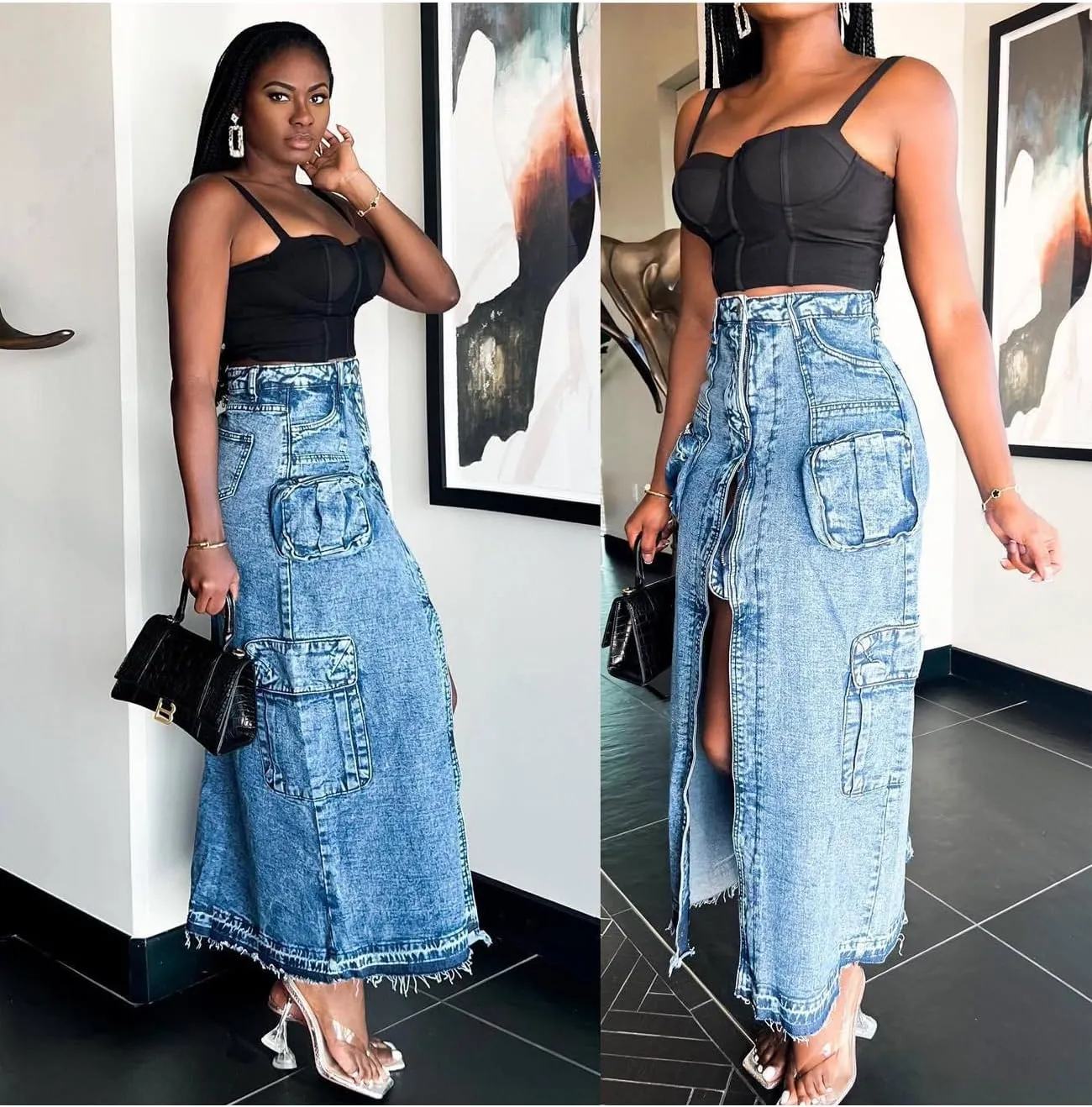 Perbai Women's Denim Maxi Pencil Skirt Y2K High Waisted Split Long Jean Cargo Skirt Streetwear with Pockets