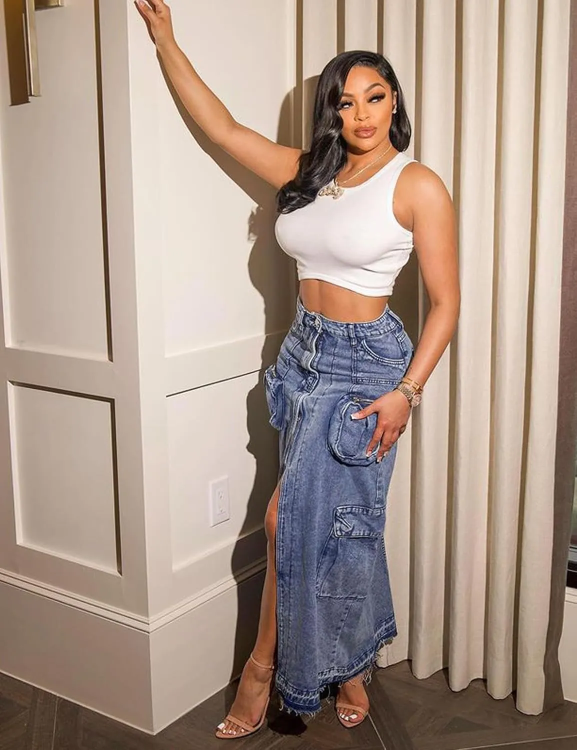 Perbai Women's Denim Maxi Pencil Skirt Y2K High Waisted Split Long Jean Cargo Skirt Streetwear with Pockets