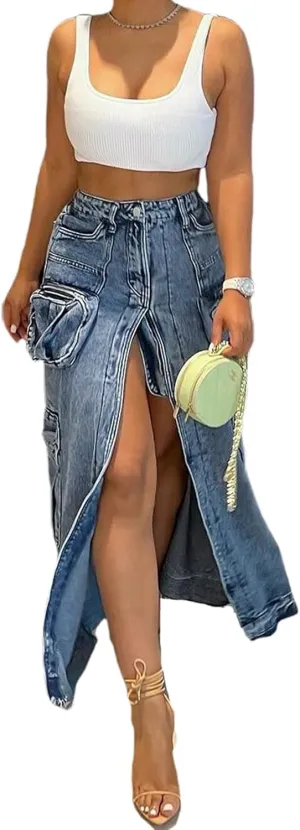 Perbai Women's Denim Maxi Pencil Skirt Y2K High Waisted Split Long Jean Cargo Skirt Streetwear with Pockets
