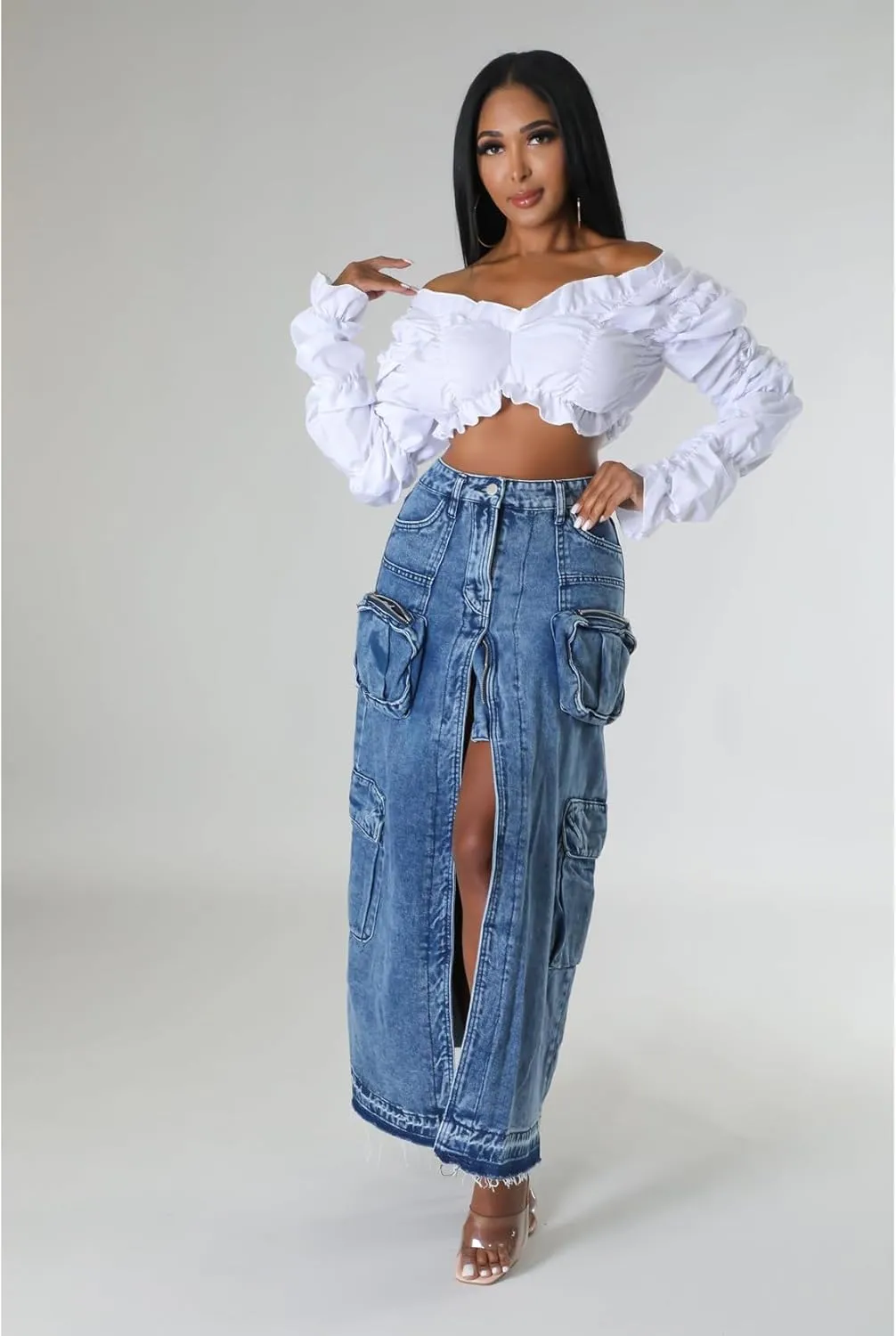 Perbai Women's Denim Maxi Pencil Skirt Y2K High Waisted Split Long Jean Cargo Skirt Streetwear with Pockets