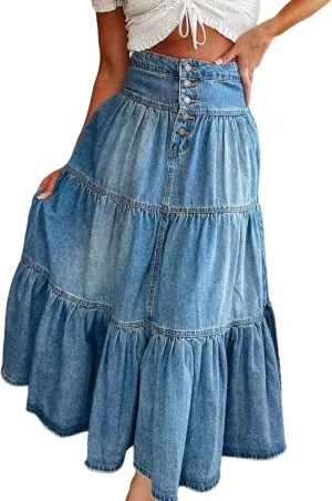 Perbai Womens High Waisted Long Denim Skirt Button Tiered Ruffled A Line Flowy Boho Jean Maxi Skirts