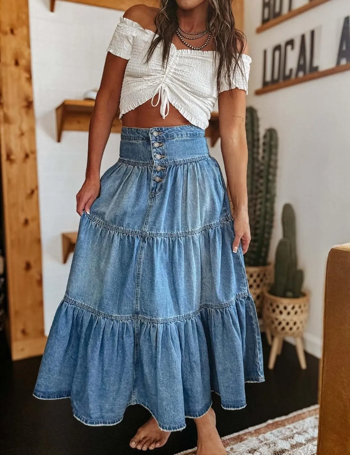 Perbai Womens High Waisted Long Denim Skirt Button Tiered Ruffled A Line Flowy Boho Jean Maxi Skirts
