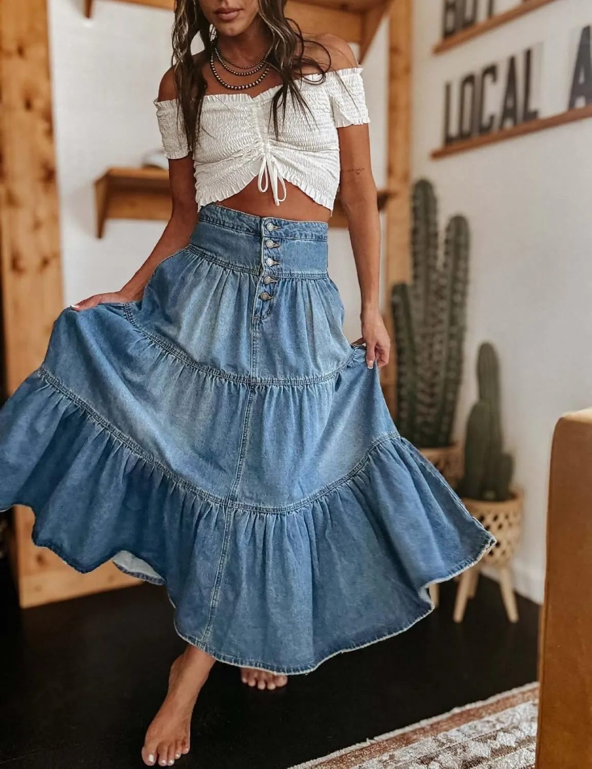 Perbai Womens High Waisted Long Denim Skirt Button Tiered Ruffled A Line Flowy Boho Jean Maxi Skirts