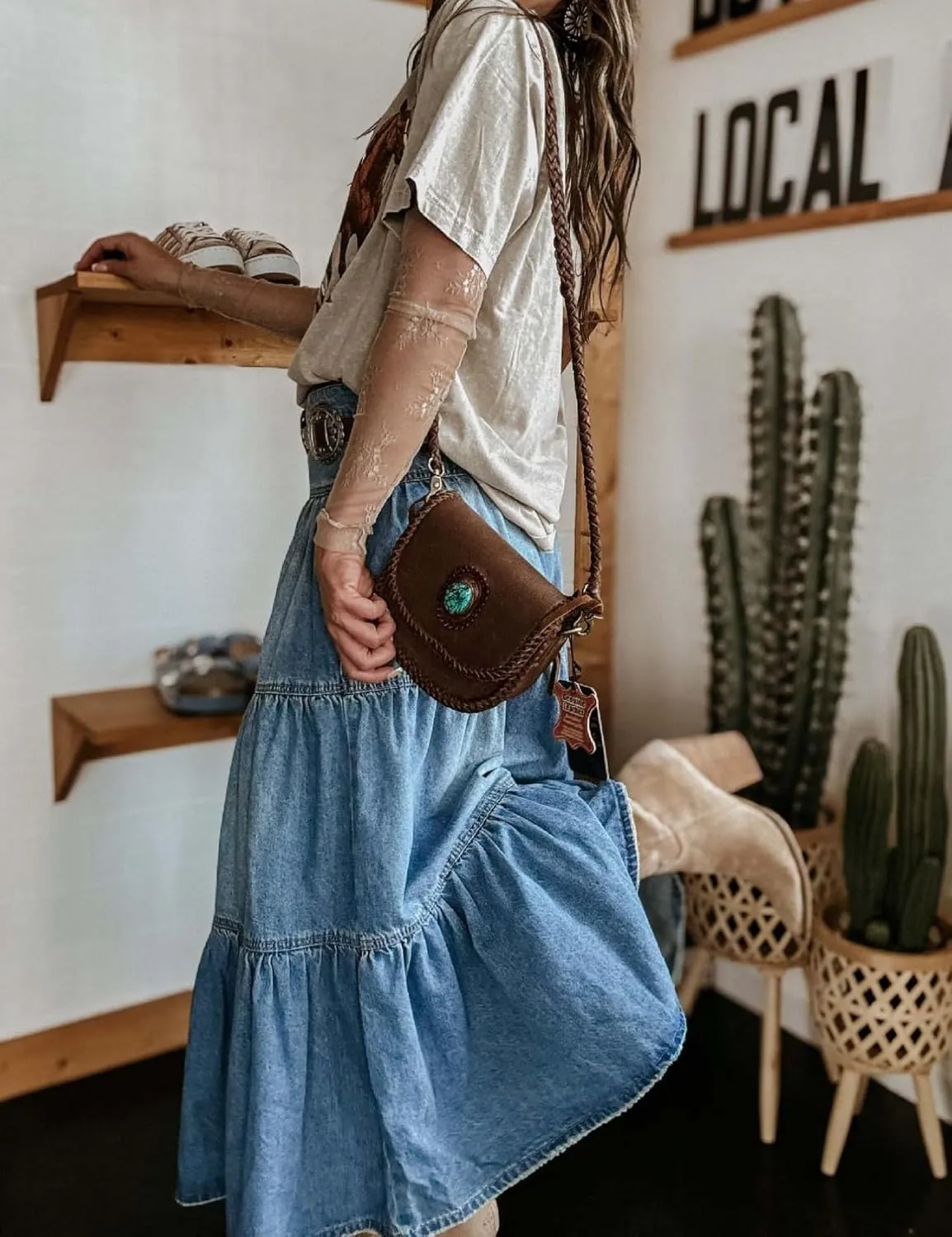 Perbai Womens High Waisted Long Denim Skirt Button Tiered Ruffled A Line Flowy Boho Jean Maxi Skirts