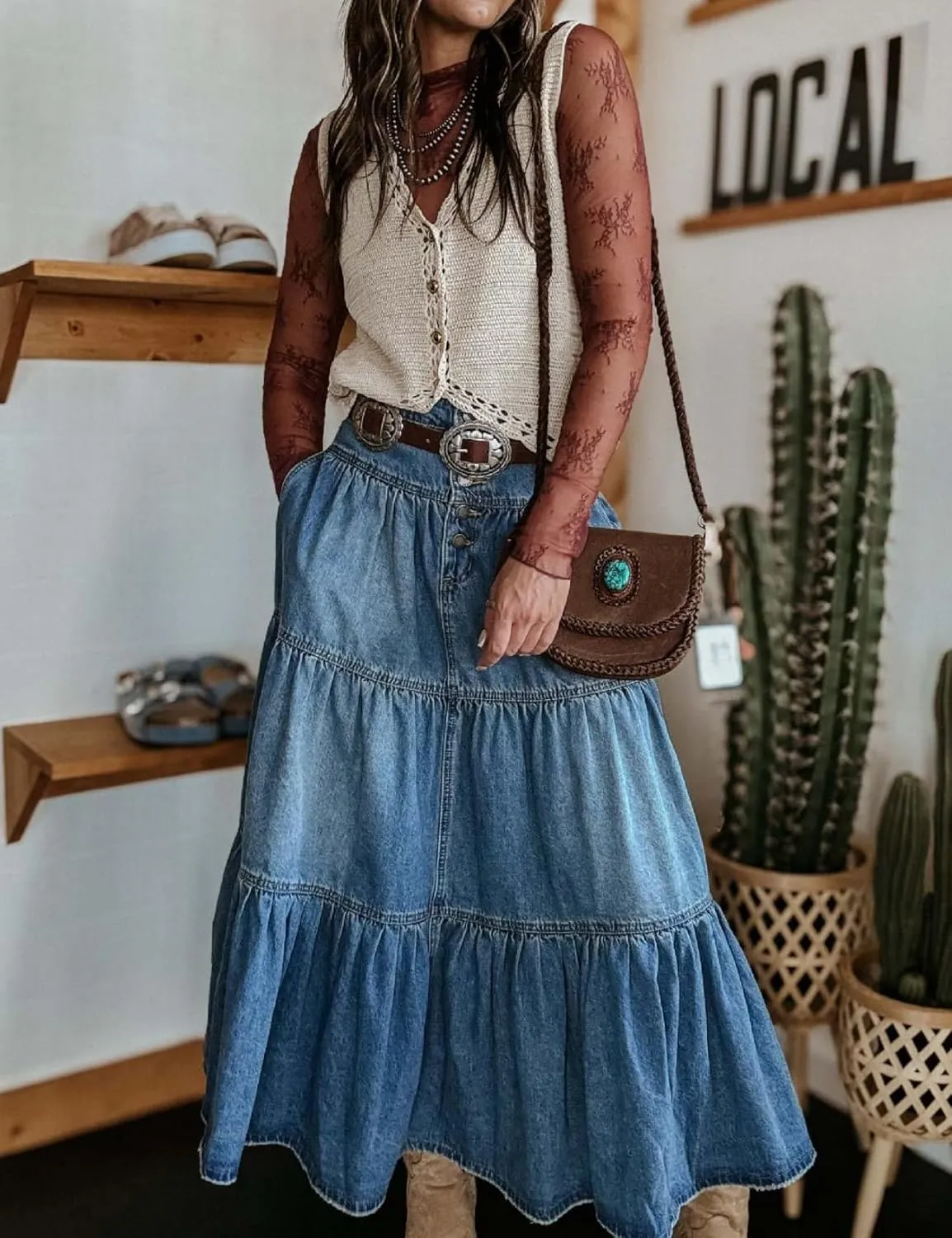 Perbai Womens High Waisted Long Denim Skirt Button Tiered Ruffled A Line Flowy Boho Jean Maxi Skirts