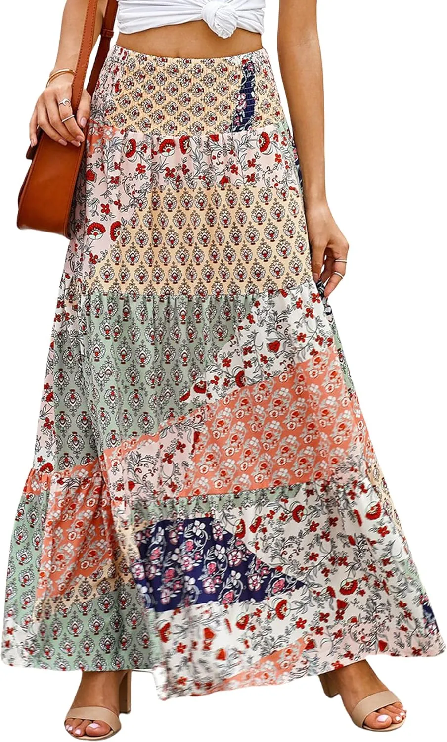 Perbai Womens Summer High Waisted Boho Floral Maxi Skirt Casual Flowy Swing A Line Pleated Long Skirts