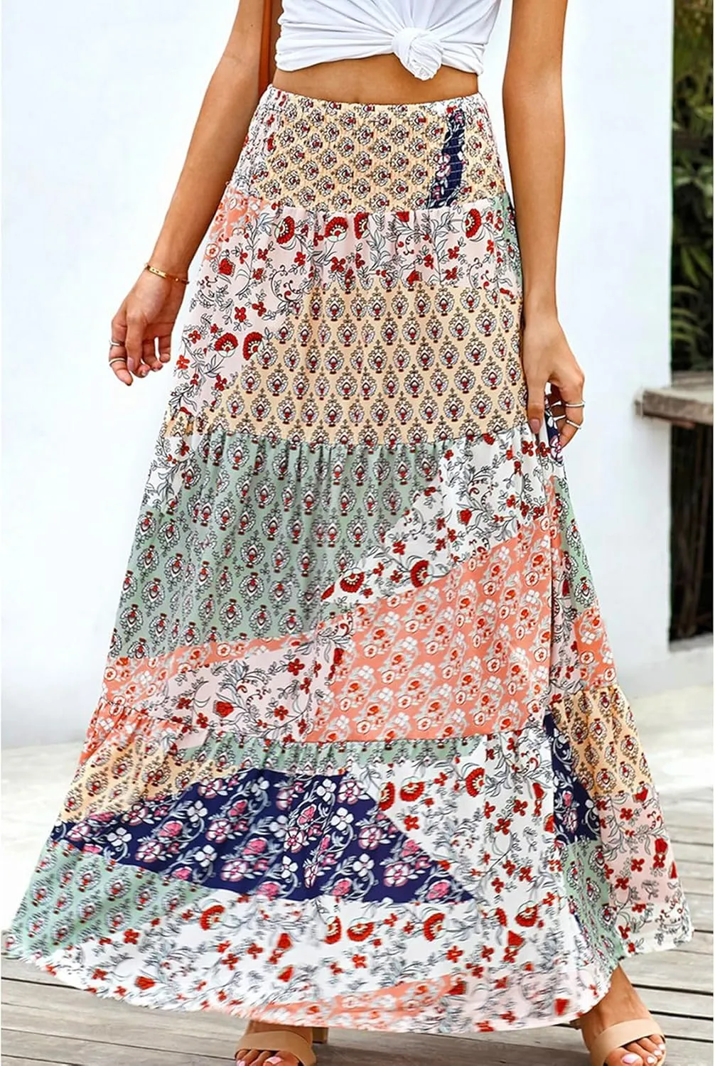 Perbai Womens Summer High Waisted Boho Floral Maxi Skirt Casual Flowy Swing A Line Pleated Long Skirts