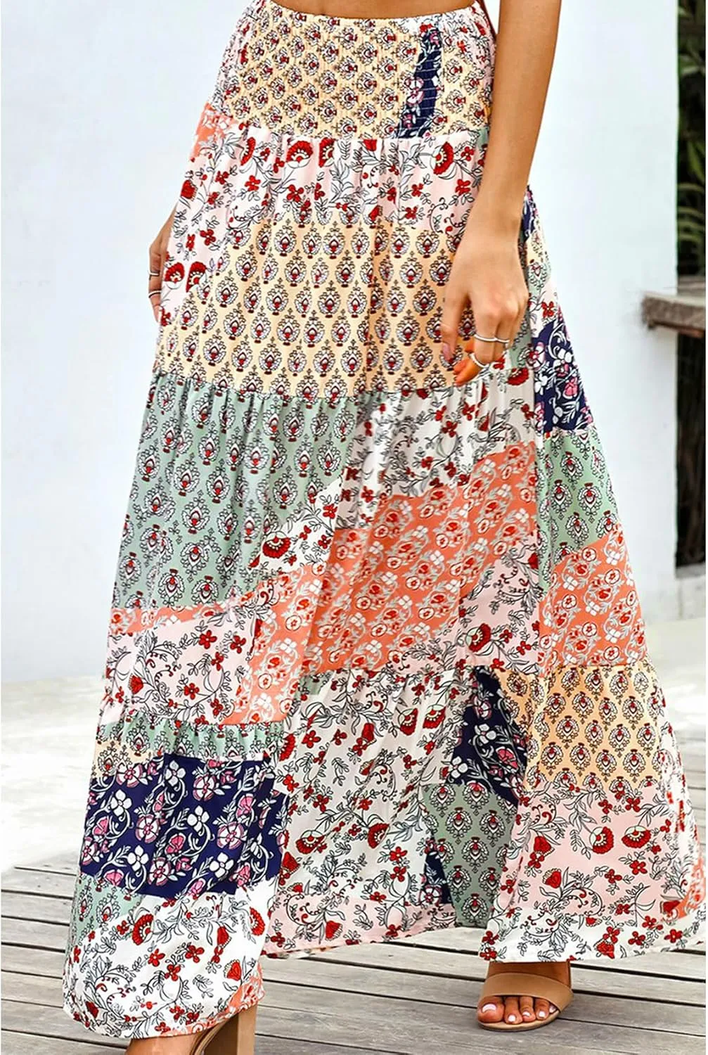 Perbai Womens Summer High Waisted Boho Floral Maxi Skirt Casual Flowy Swing A Line Pleated Long Skirts