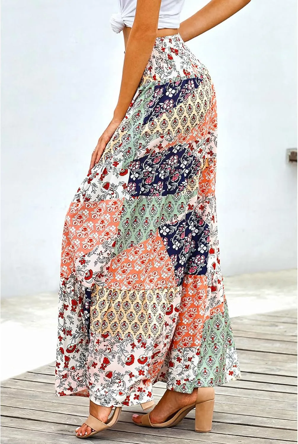 Perbai Womens Summer High Waisted Boho Floral Maxi Skirt Casual Flowy Swing A Line Pleated Long Skirts